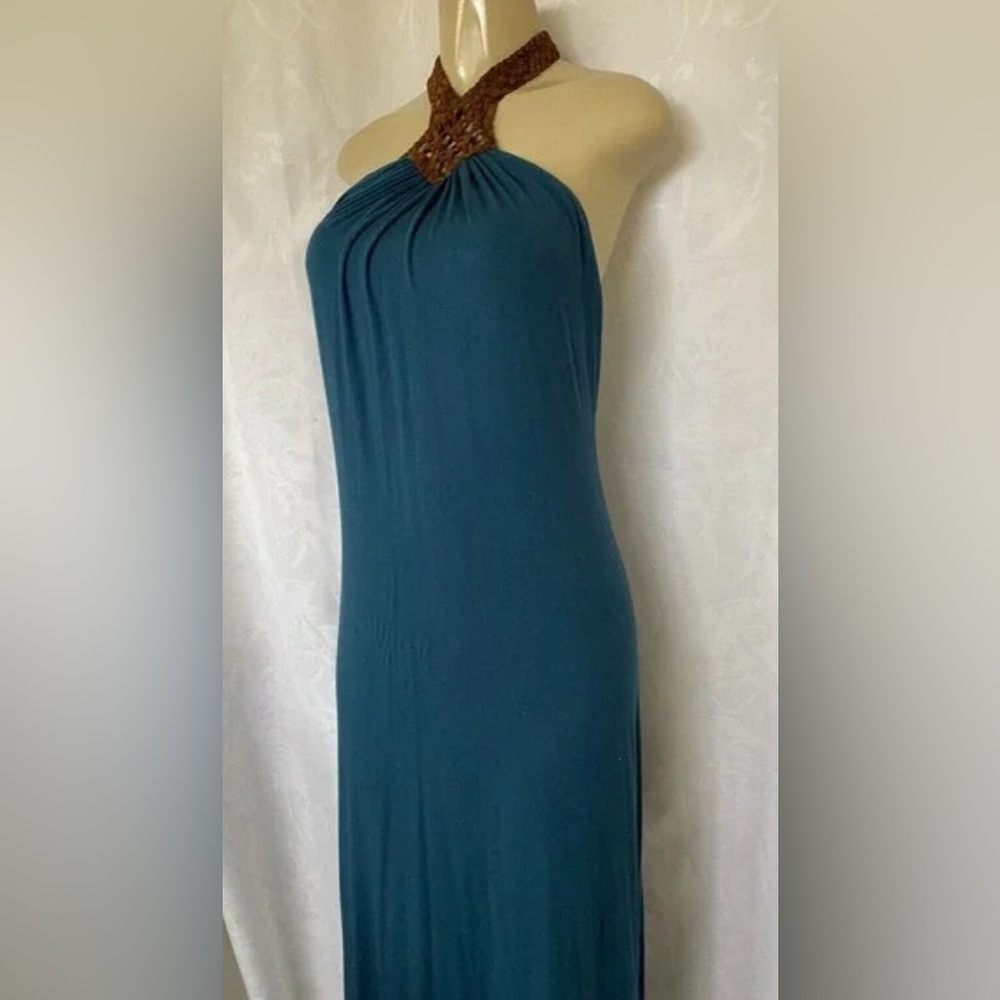 SKY Dress Suede Halter Neck Sleeveless Maxi A line Teal Blue Full Length